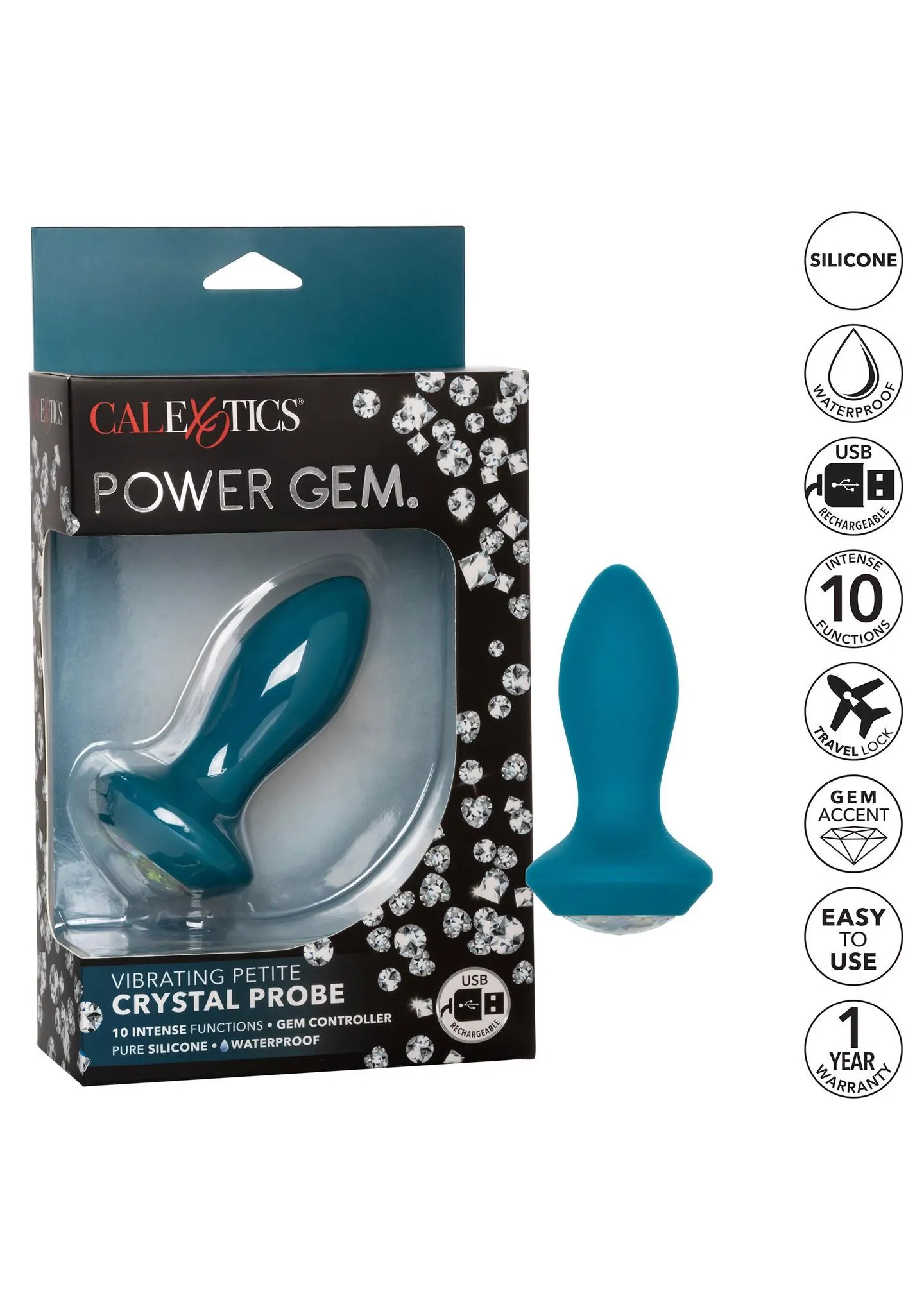 Анальная пробка Power Gem Vibrating Crystal Probe, 10,7 см (синий)