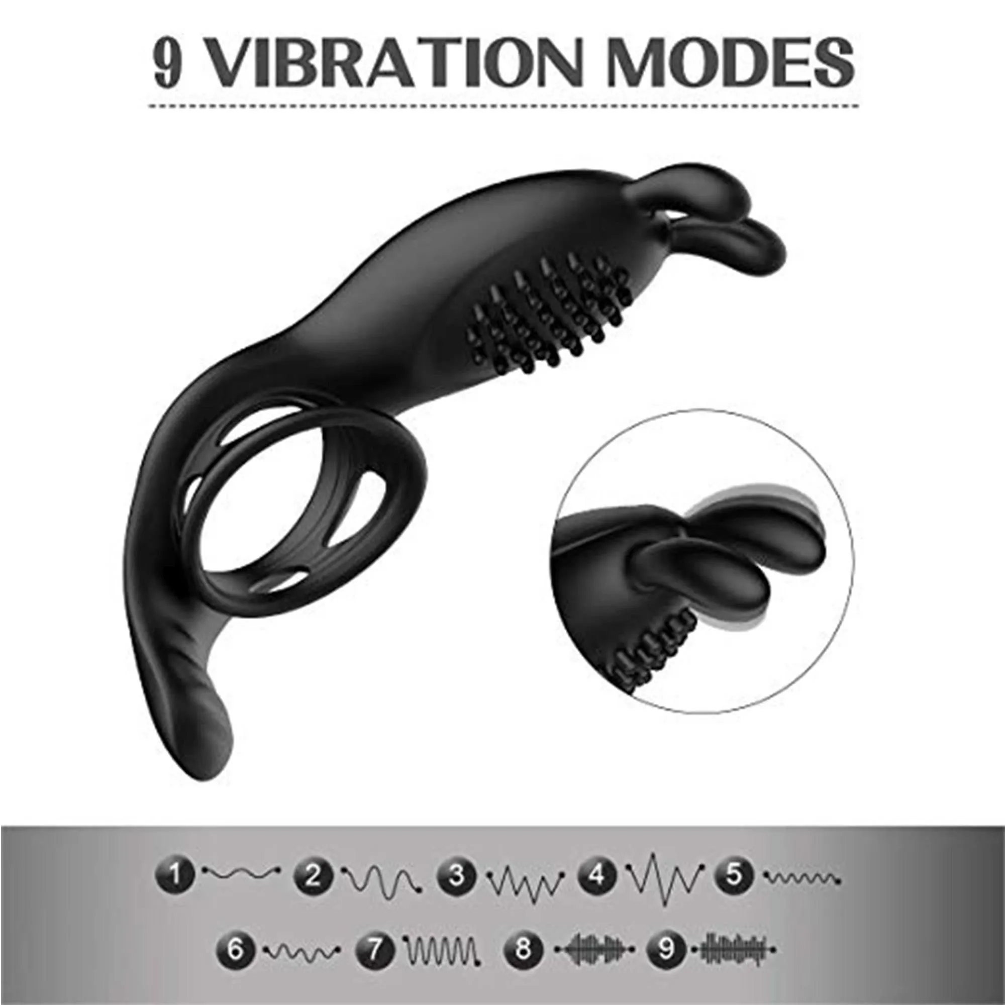 B - Series Cute Rabbit Vibration - Pierścień erekcyjny, Czarny, 11.7 cm