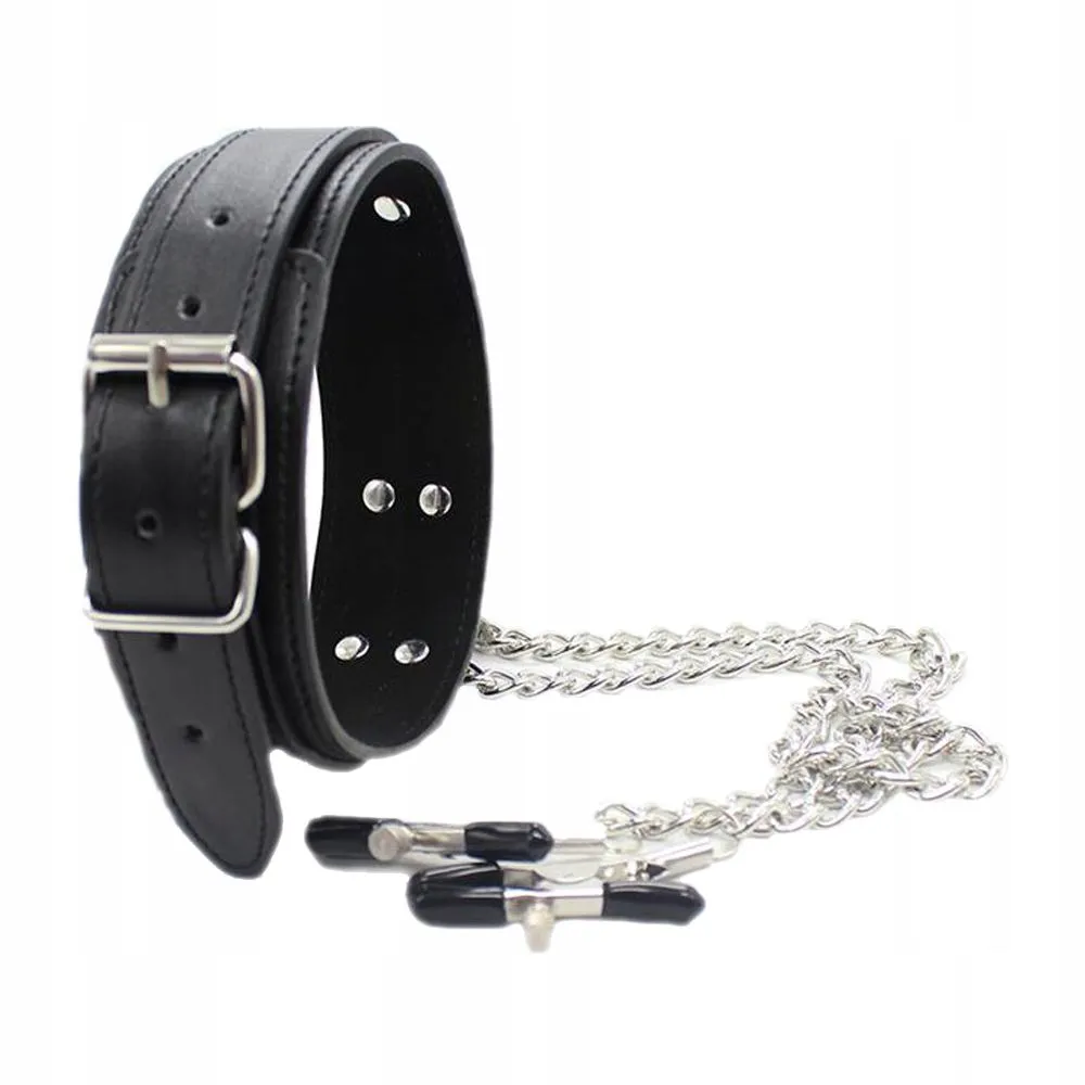 Ошейник с зажимами для сосков Fetish Addict Collar With Nipple Clamps, 51,5 см (черный)