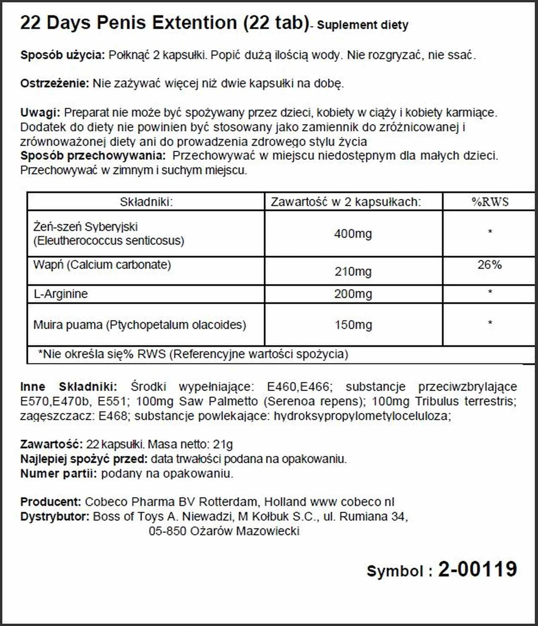 Cobeco 22 Days Penis Extention - Tabletki na powiększenie penisa, Bez smaku