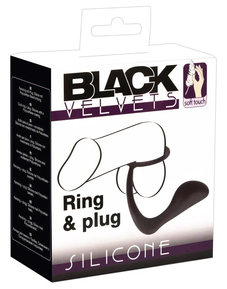 Black Velvets Ring & Plug - Pierścień erekcyjny z korkiem analnym, Czarny, 10 cm