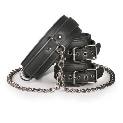 Easytoys Leather Collar With Handcuffs - Zestaw BDSM, Czarny, 40 cm