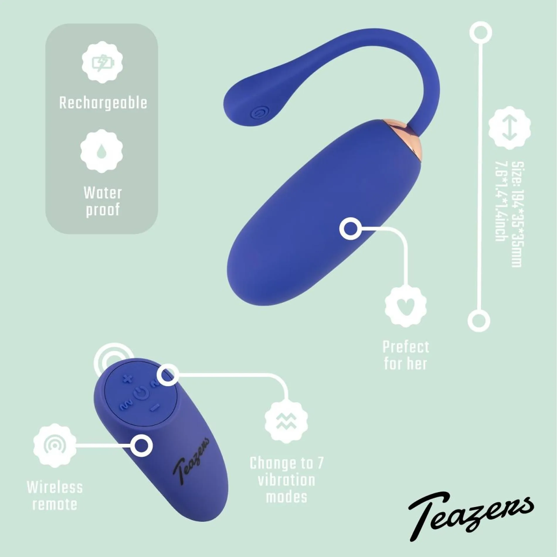 Віброяйце Teazers Egg with Remote, 18.5 см (синій)
