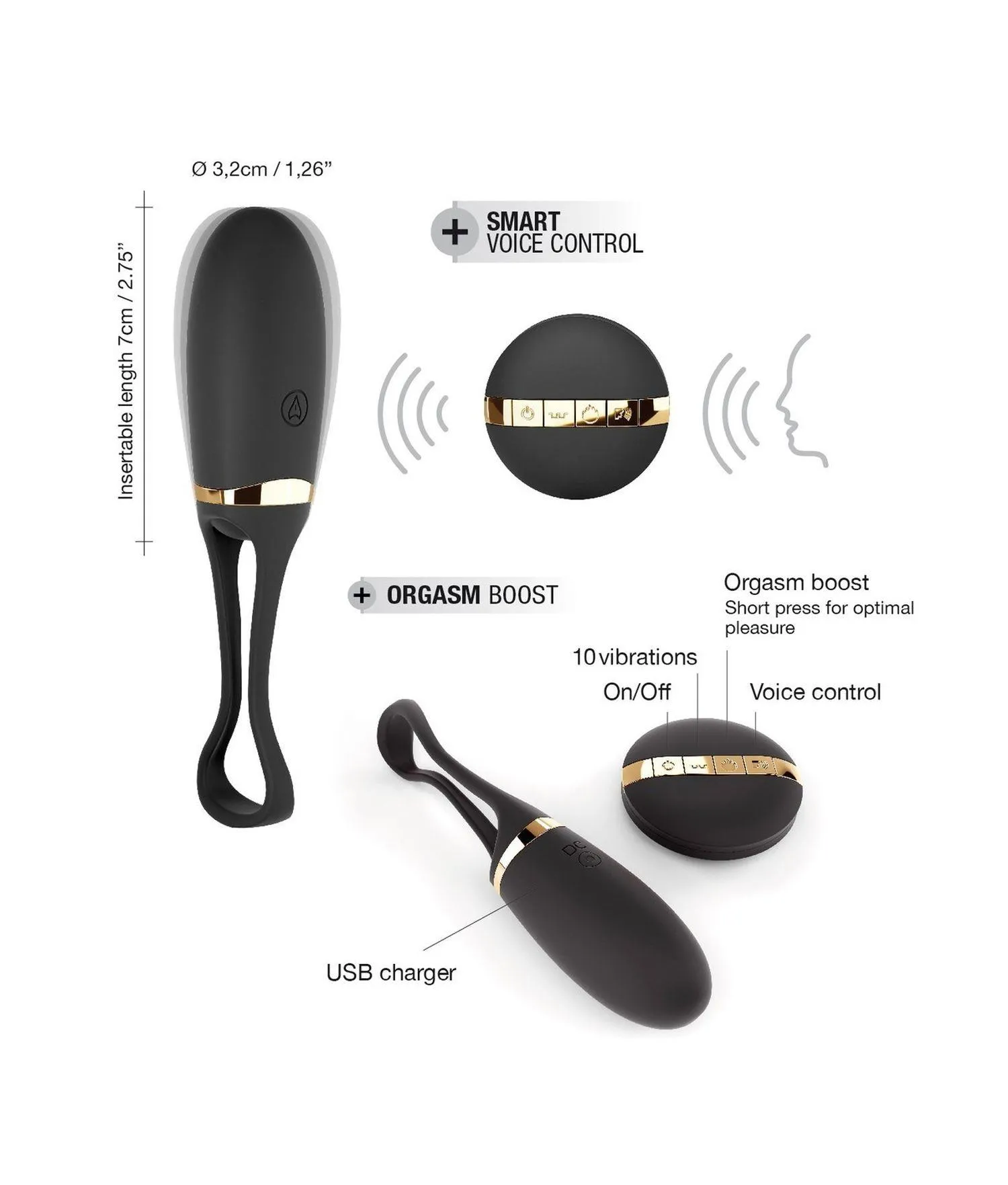 Dorcel Secret Delight Gold - Wibrujące jajko, Czarny, 12, 5 cm