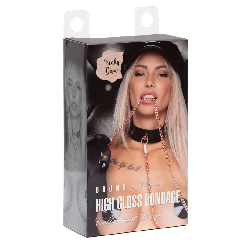 Нашийник з повідцем Kinky Diva High Gloss O-Ring (чорний/рожеве золото)