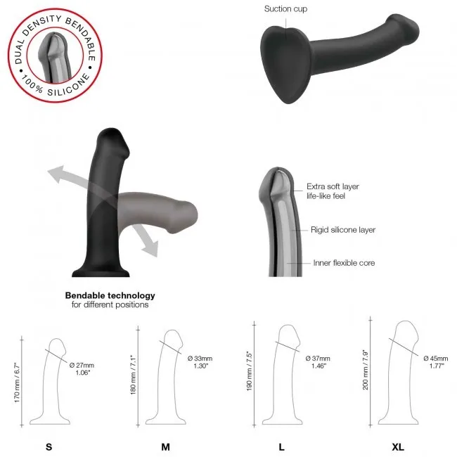 Strap-on-me Bendable Double Density - Dildo, Czarny, 18 cm, M