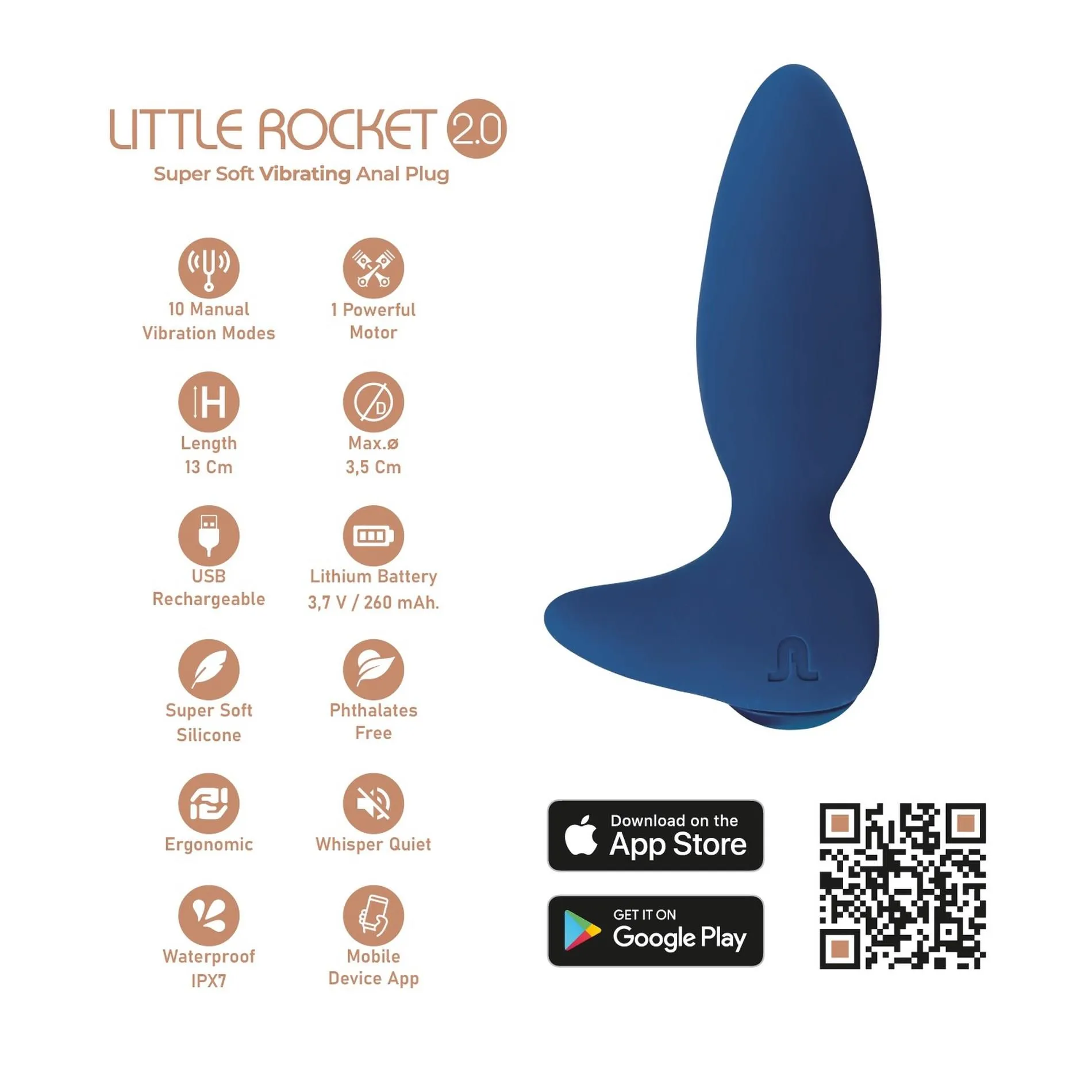 Анальная пробка Adrien Lastic Exploring Senses Little Rocket 2.0, 13 см (синий)