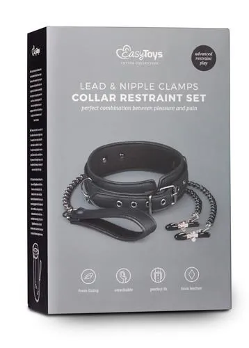 Easytoys Leather Collar With Nipple Chains - Zaciski na sutki, Czarny