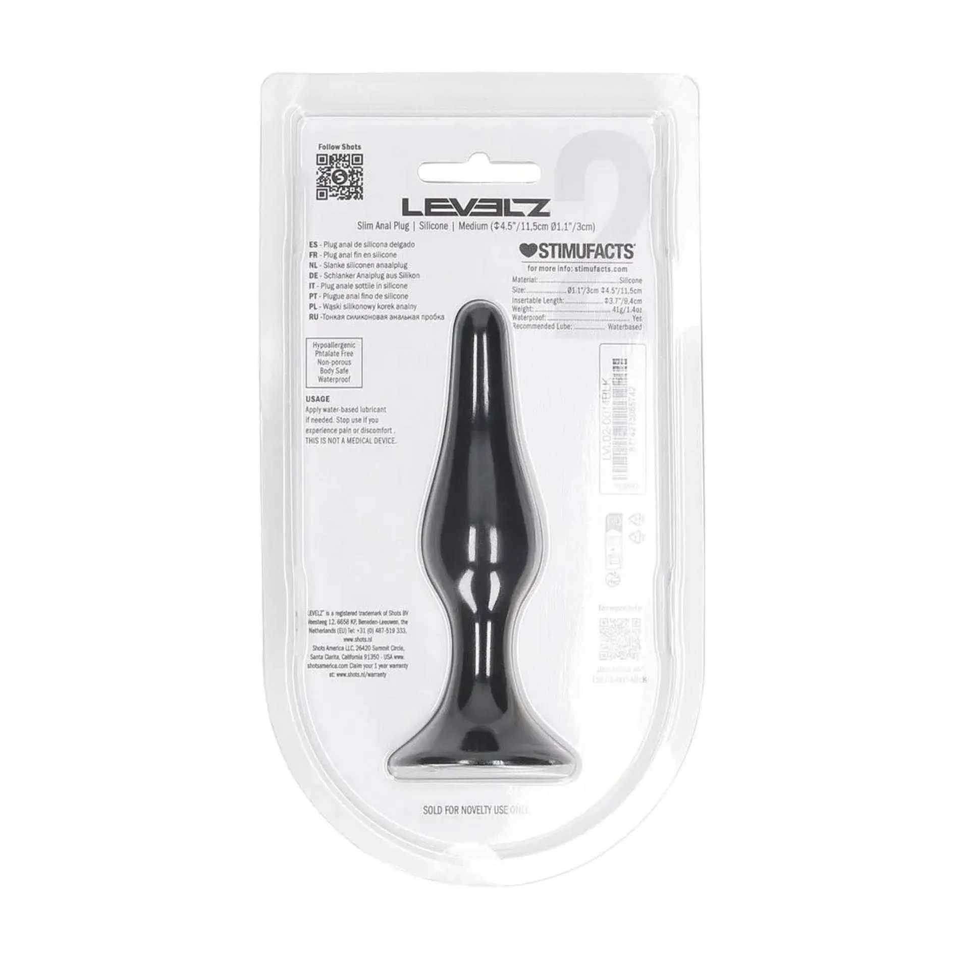 Анальная пробка Levelz Slim Anal Plug M, 11.5 см (черный)