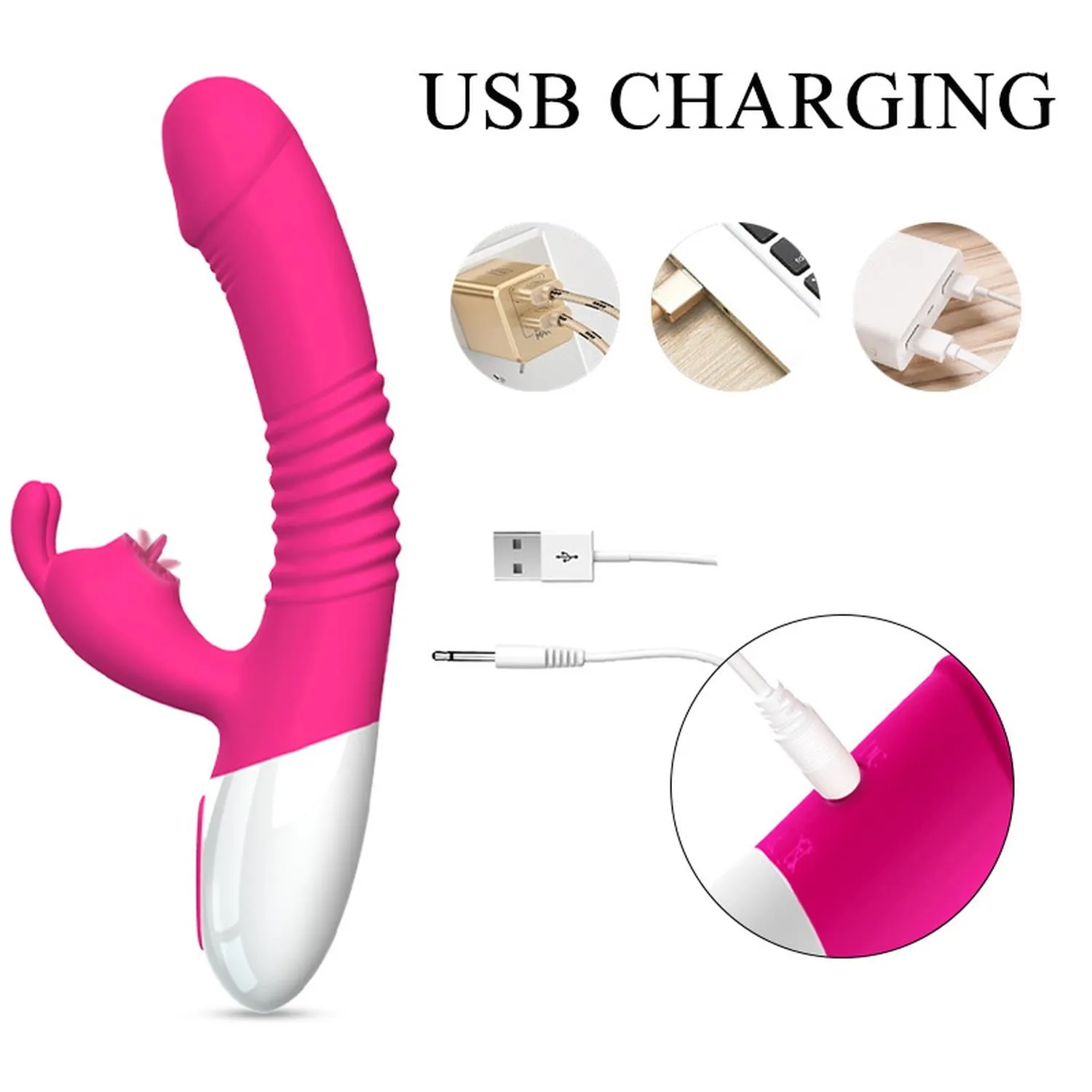 B - Series Fox Silicone Vibrator USB 7 Powerful Licking and Thrusting Modes - Wibrator-królik B -, Różowy, 23.1 cm