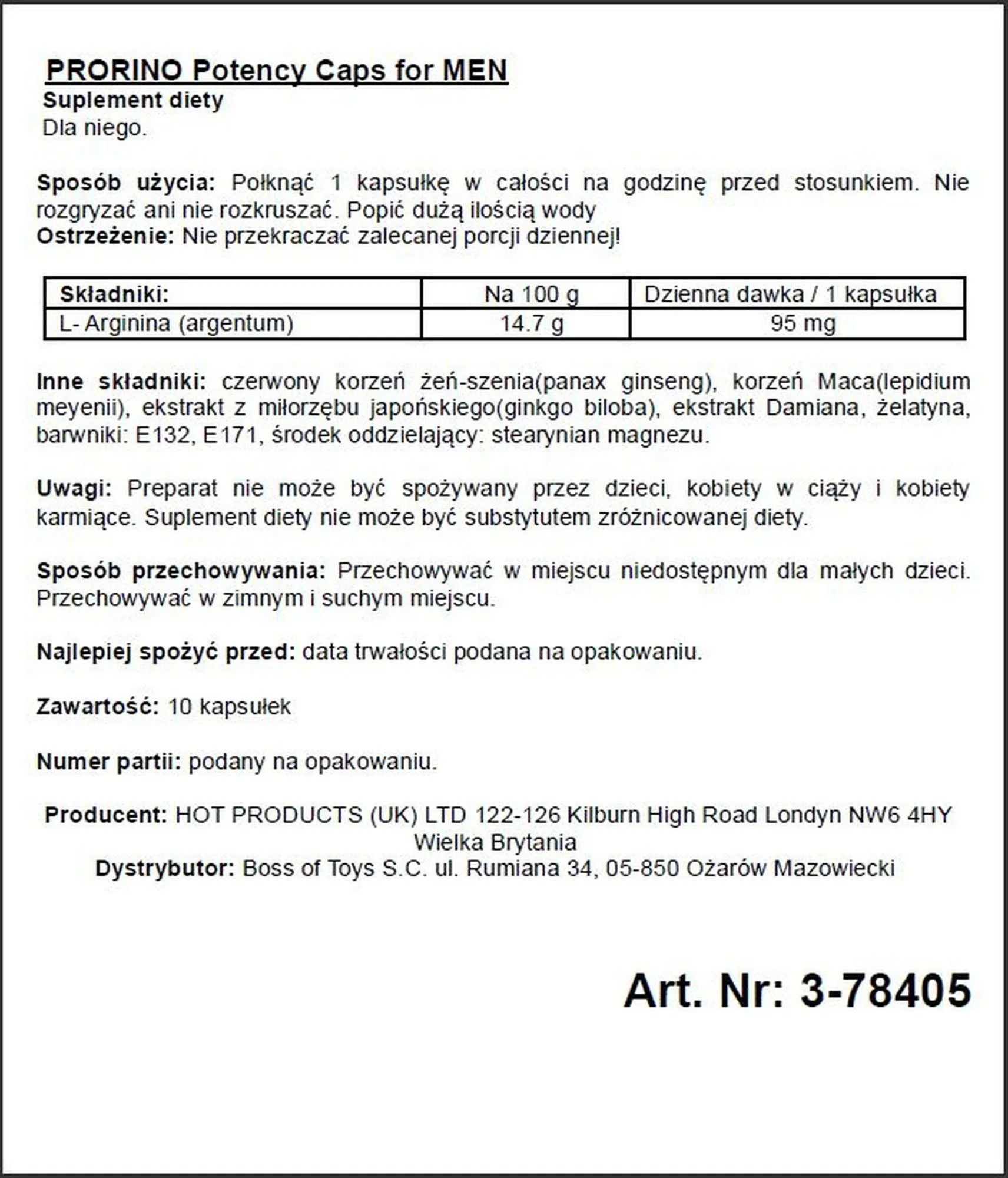 Мужские возбуждающие капсулы Prorino Potency Caps for MEN, 10 шт