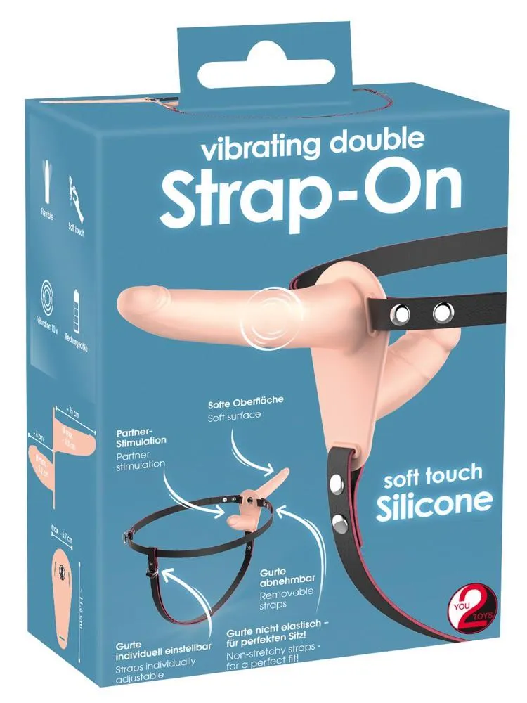 Подвійний страпон Vibrating Double Strap-On, 15,7 см (тілесний)