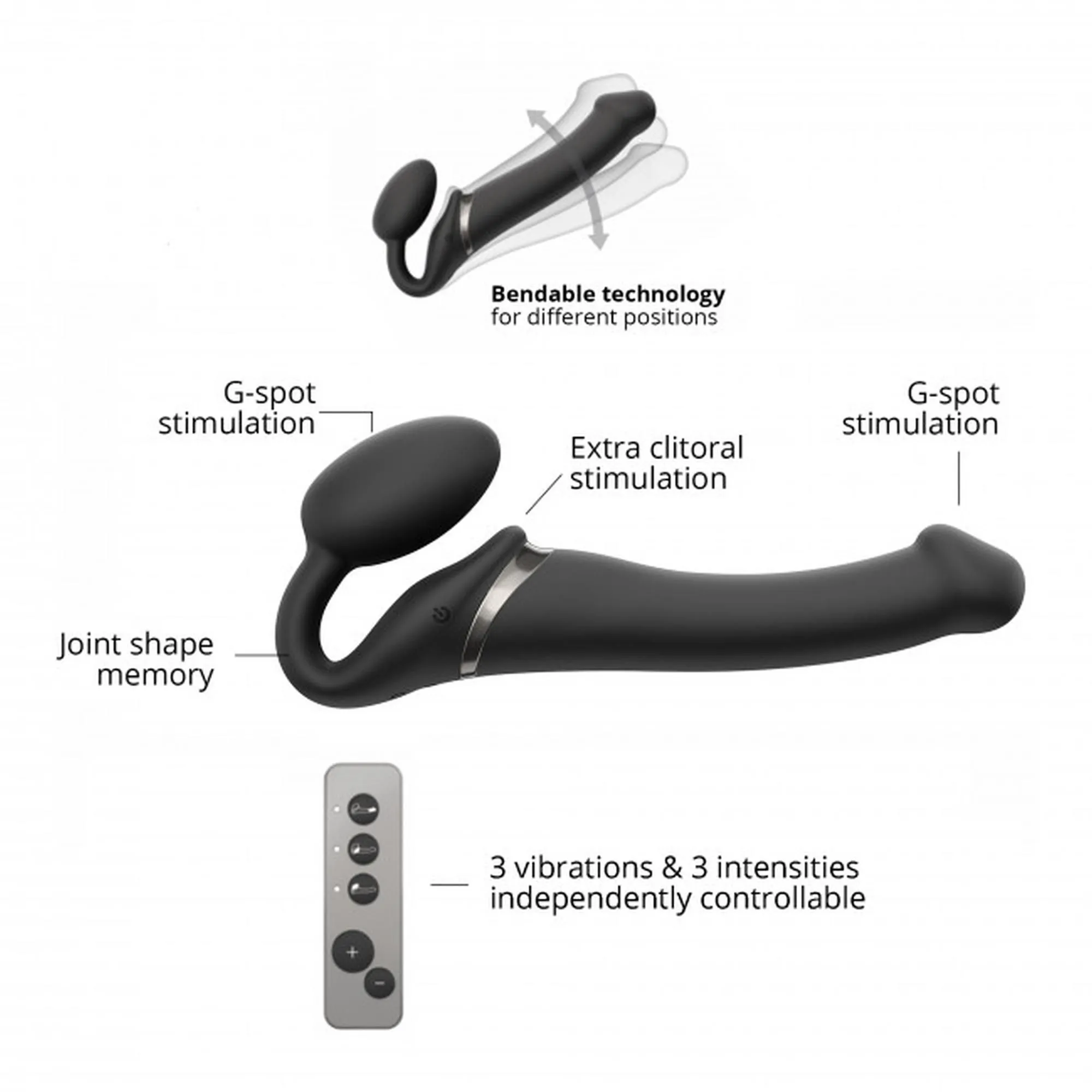 Подвійний страпон з вібрацією Strap-On-Me, 18 см (чорний)