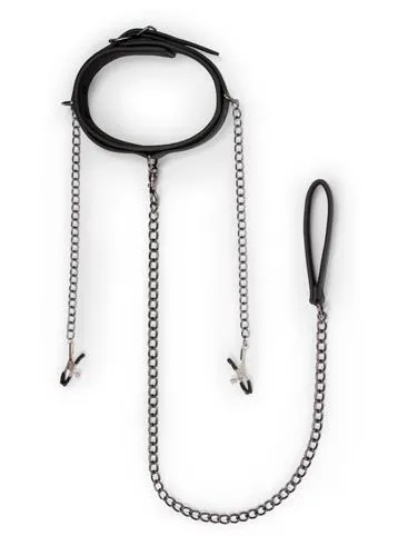 Ошейник EasyToys Leather Collar With Nipple Chains (черный)