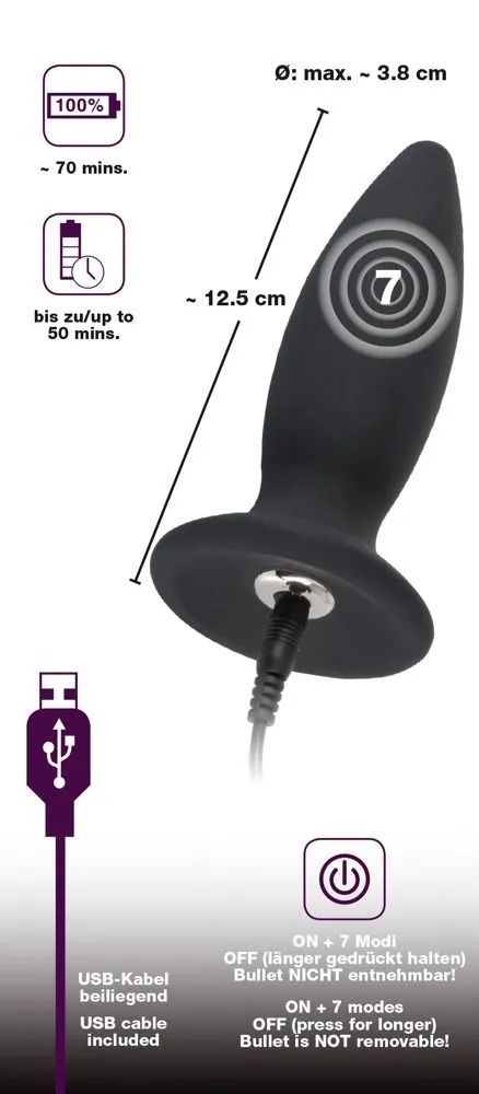 Анальна пробка Black Velvets Rechargeable Plug M, 12,5 см (чорний)