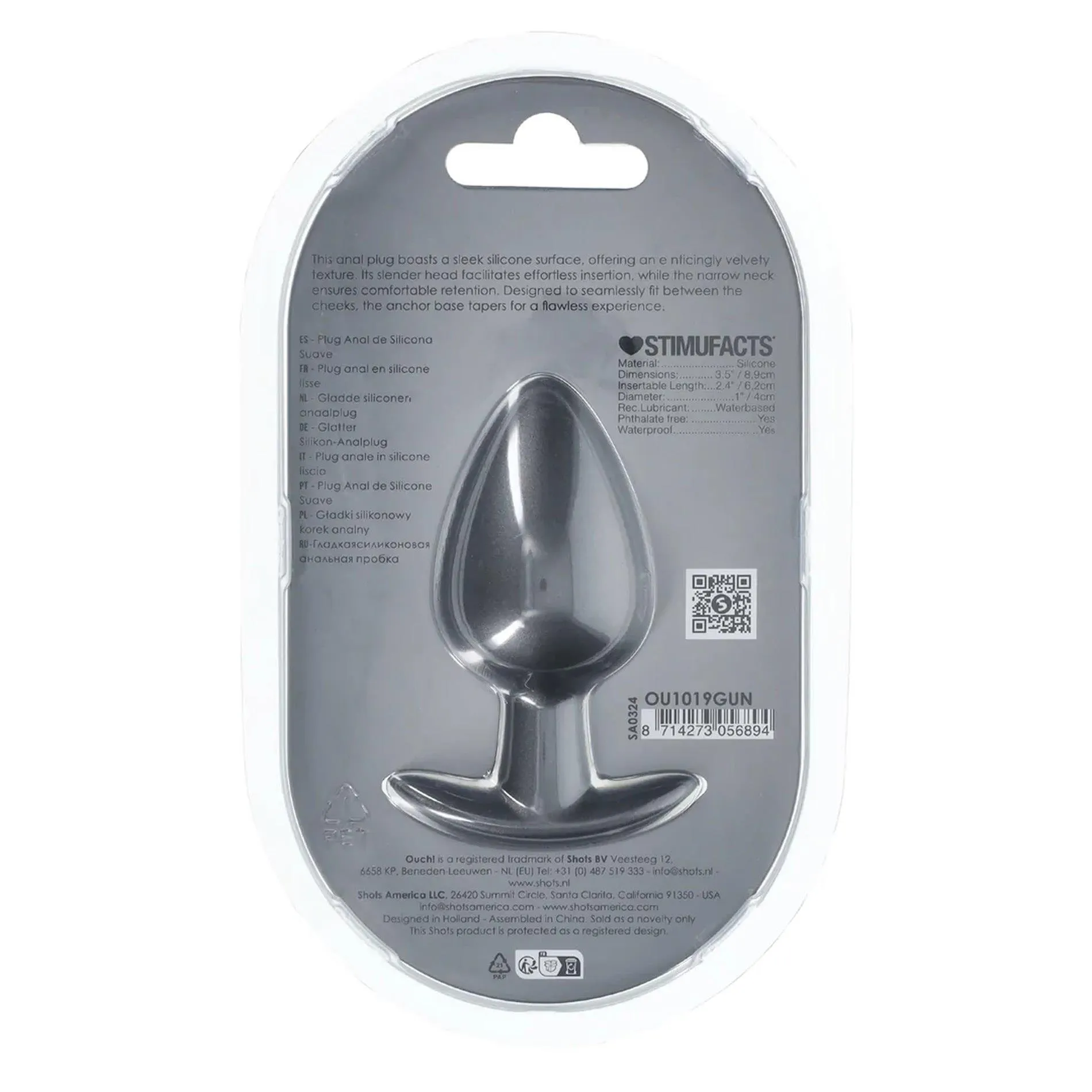 Анальная пробка Ouch! Smooth Anal Plug Metallic L, 8.9 см (серый)