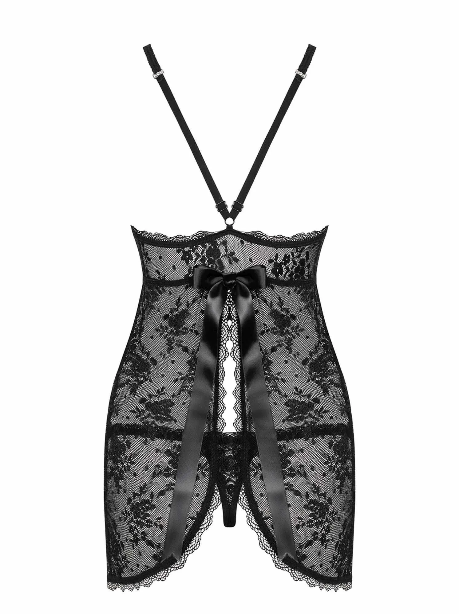 Комплект пеньюар + трусики-стринги Obsessive Behindy, L/XL (черный)