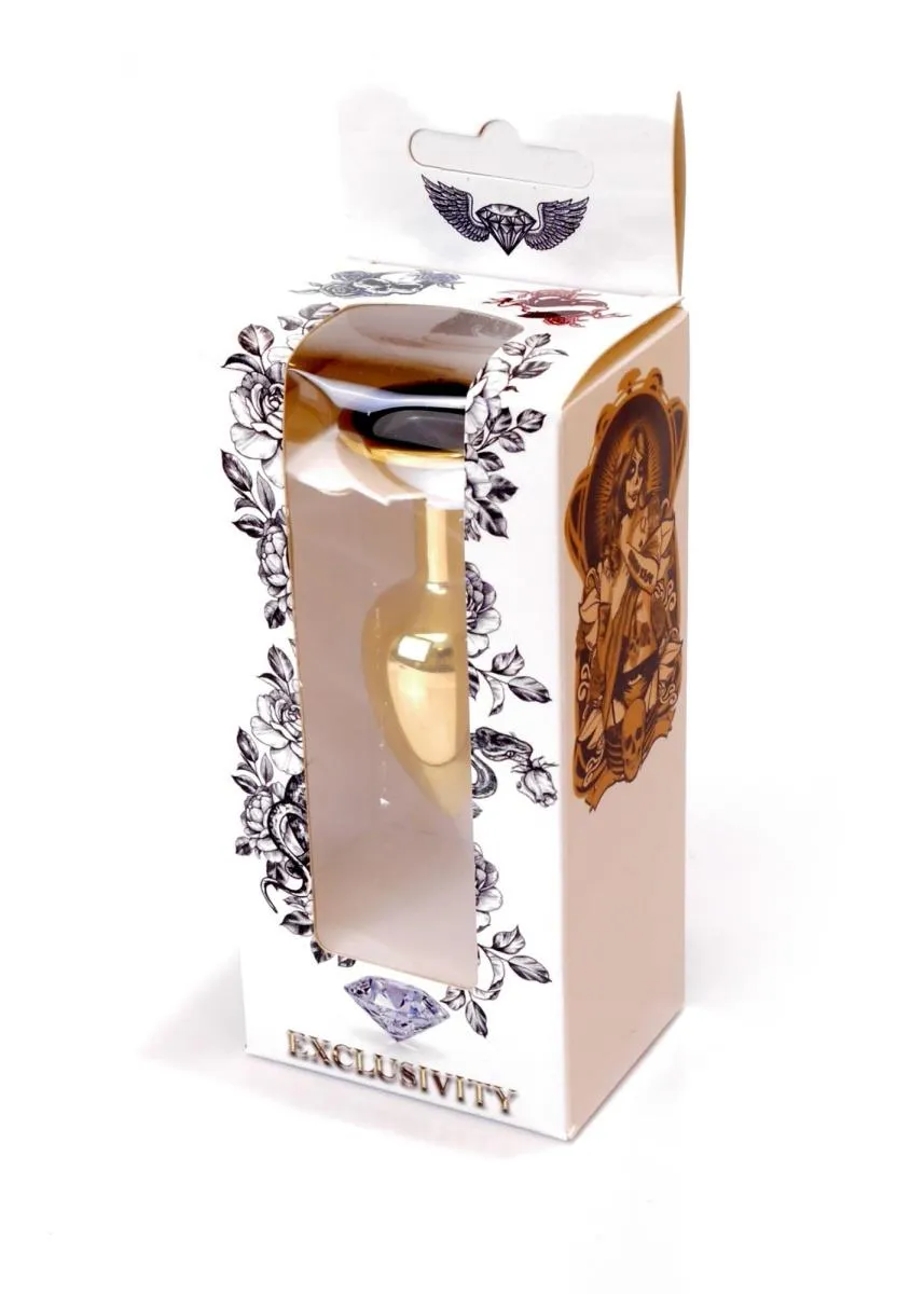 B - Series HeavyFun Jewellery Gold Plug - Metalowy korek analny z kryształem, Czarny, 7 cm, S