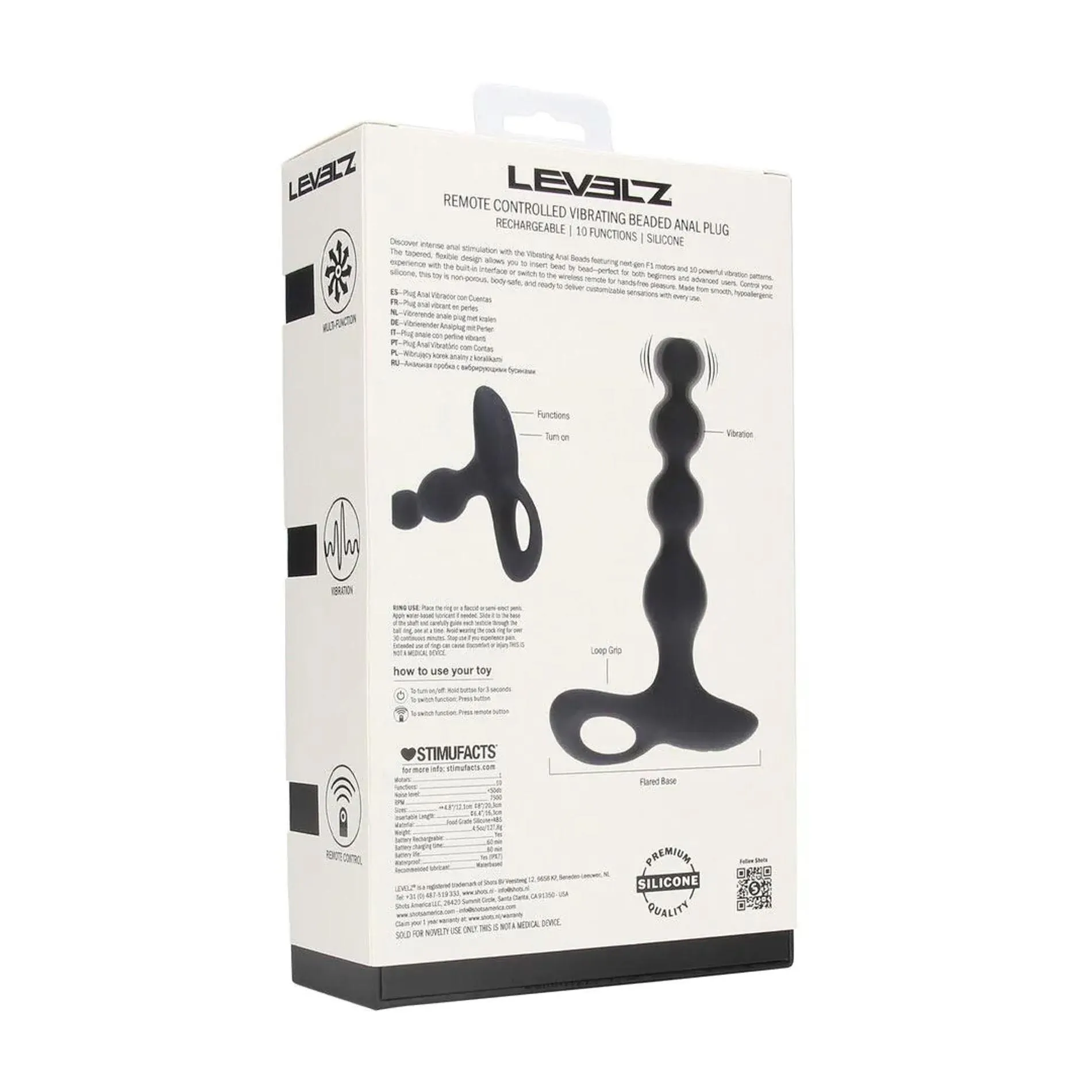 Анальная пробка Levelz Remote Control Beaded Vibrating, 20.3 см (черный)