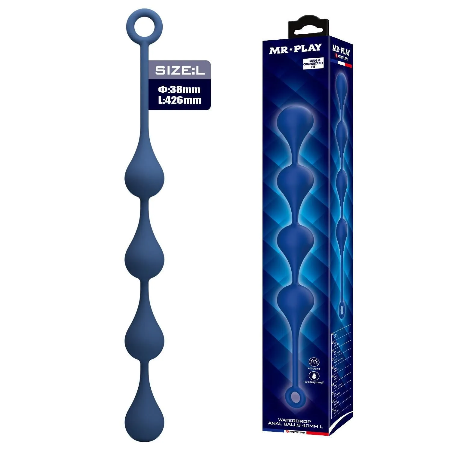 Mr. Play Waterdrop Anal Balls - Łańcuszek analny, Niebieski, 42.6 cm