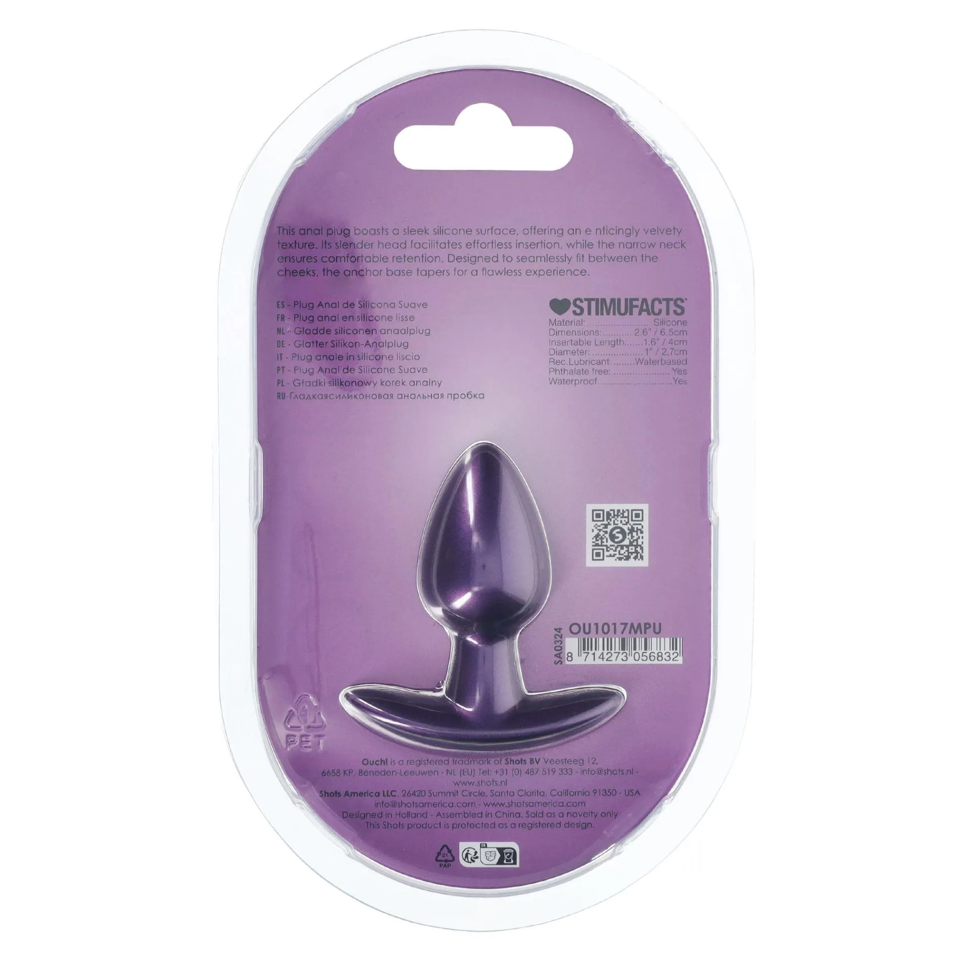 Ouch! Smooth Anal Plug Metallic S - Korek analny, Fioletowy, 6.5 cm, S