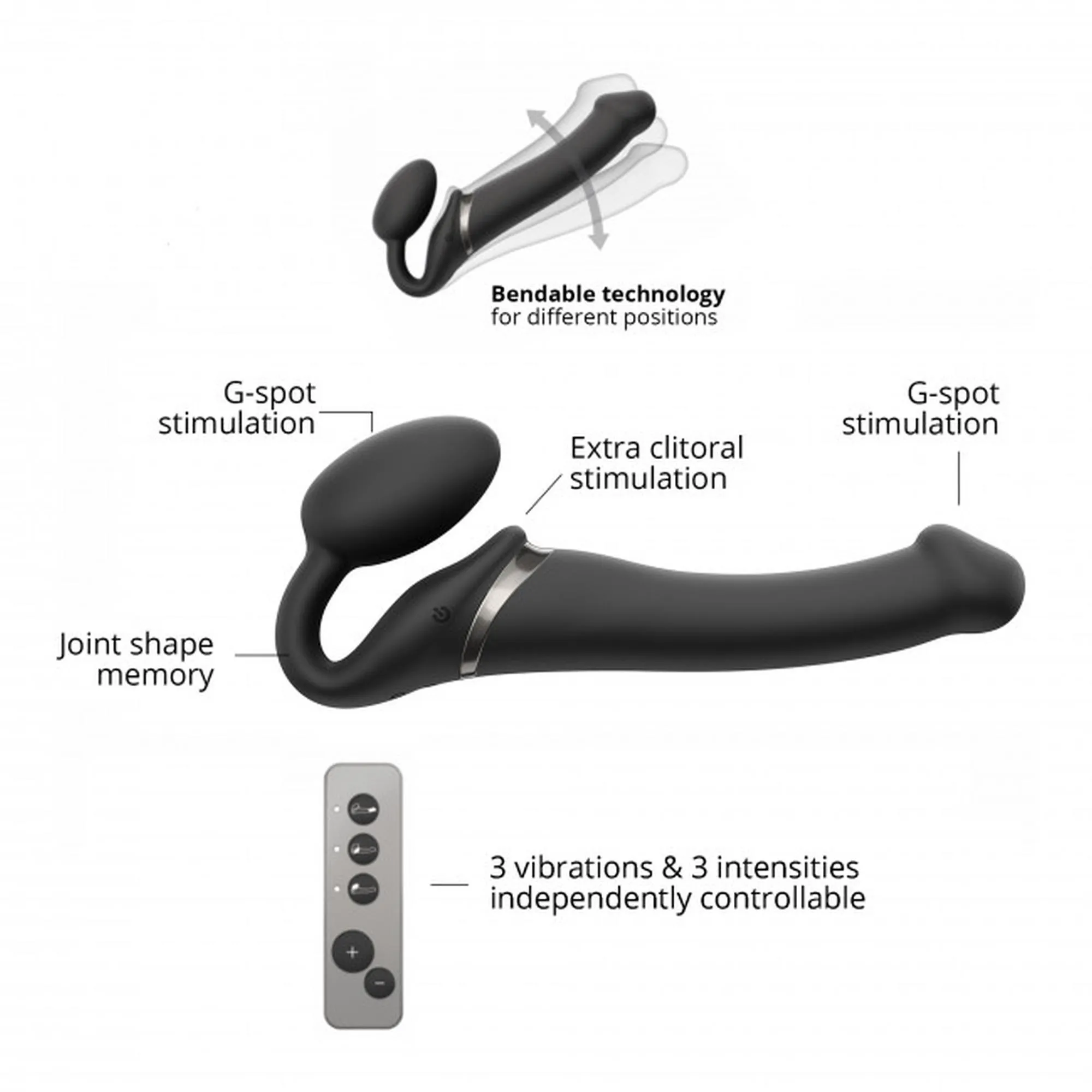 Strap-on-me Vibrating Bendable strap-on - Podwójny strapon z wibracjami, Czarny, 18 cm