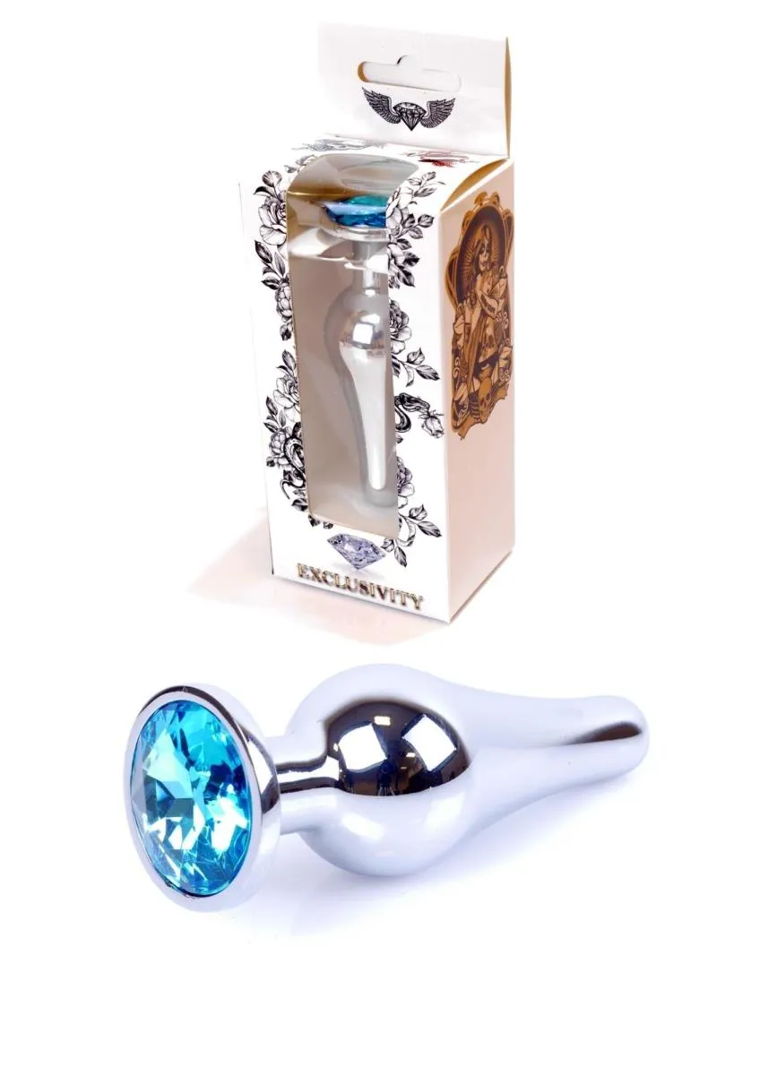 Металлическая анальная пробка с кристаллом Boss Jewellery Silver Butt Plug Light, 9,5 см (голубой)