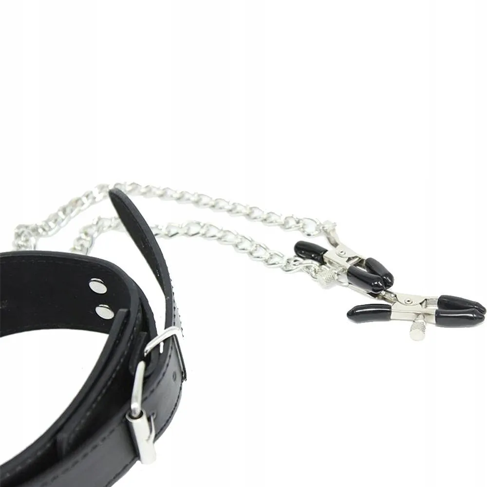 Ошейник с зажимами для сосков Fetish Addict Collar With Nipple Clamps, 51,5 см (черный)