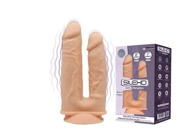 Silexd Double Model 1 - Podwójny dildo z wibracjami, W kolorze cielistym, 19.5 cm