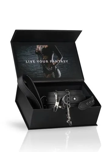 Easytoys Leather Collar With Nipple Chains - Zaciski na sutki, Czarny