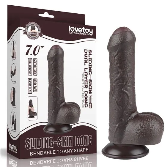 Lovetoy Sliding Skin Dual Layer Dong - Dildo z przyssawką, Czarny, 18.3 cm