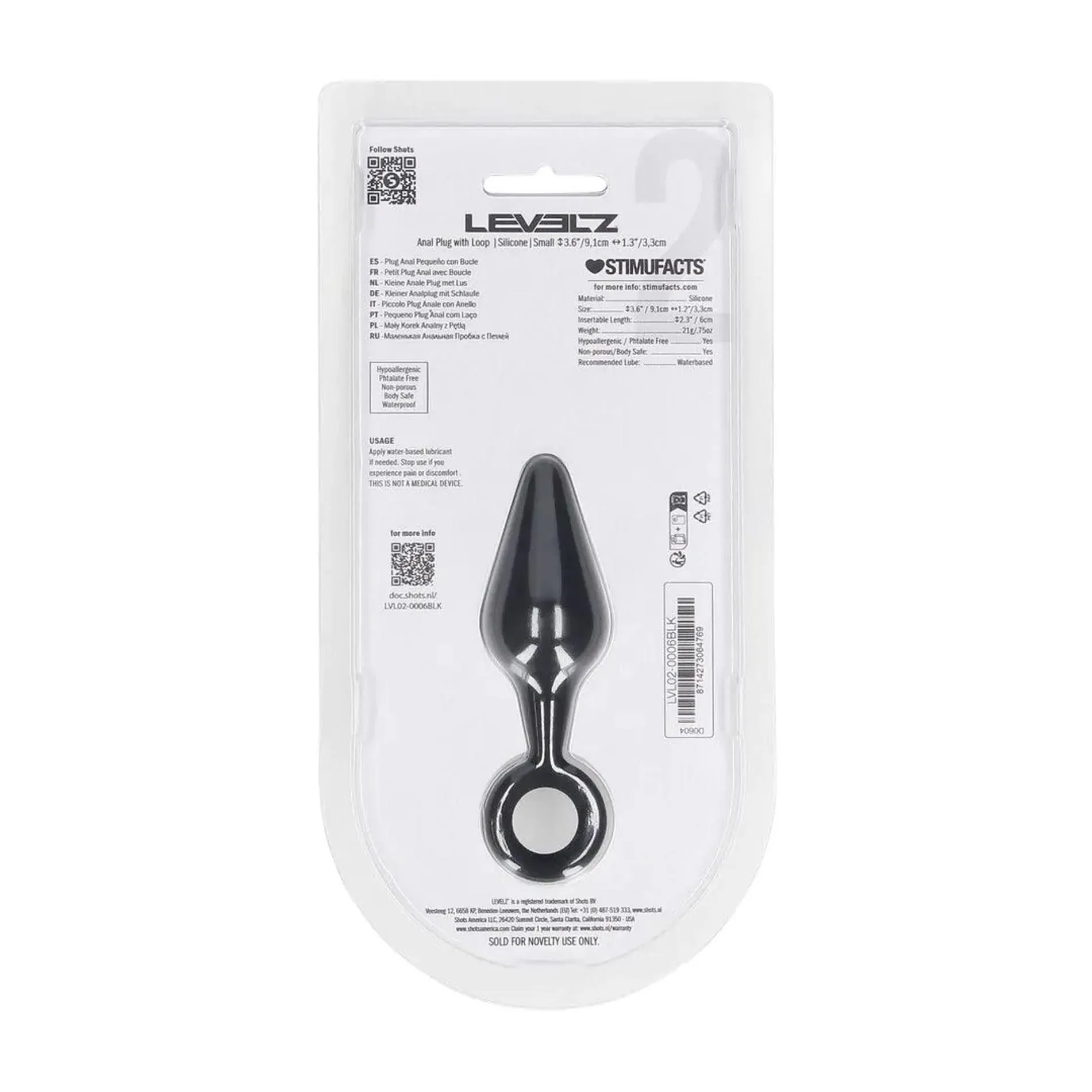 Shots Anal Plug with Loop - Korek analny, Czarny, 10 cm, S