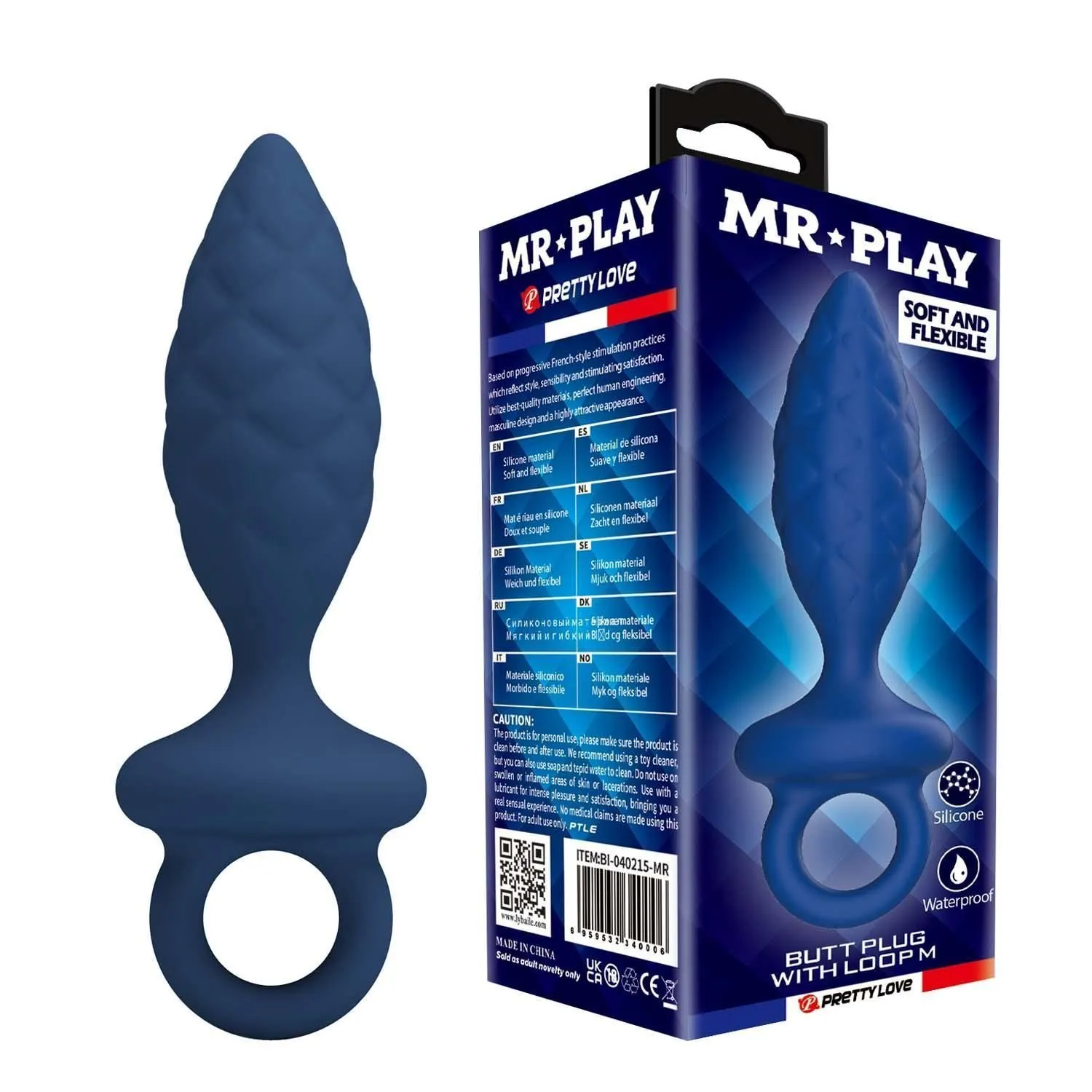 Анальная пробка Mr. Play Butt Plug with Loop M, 13.4 см (синий)