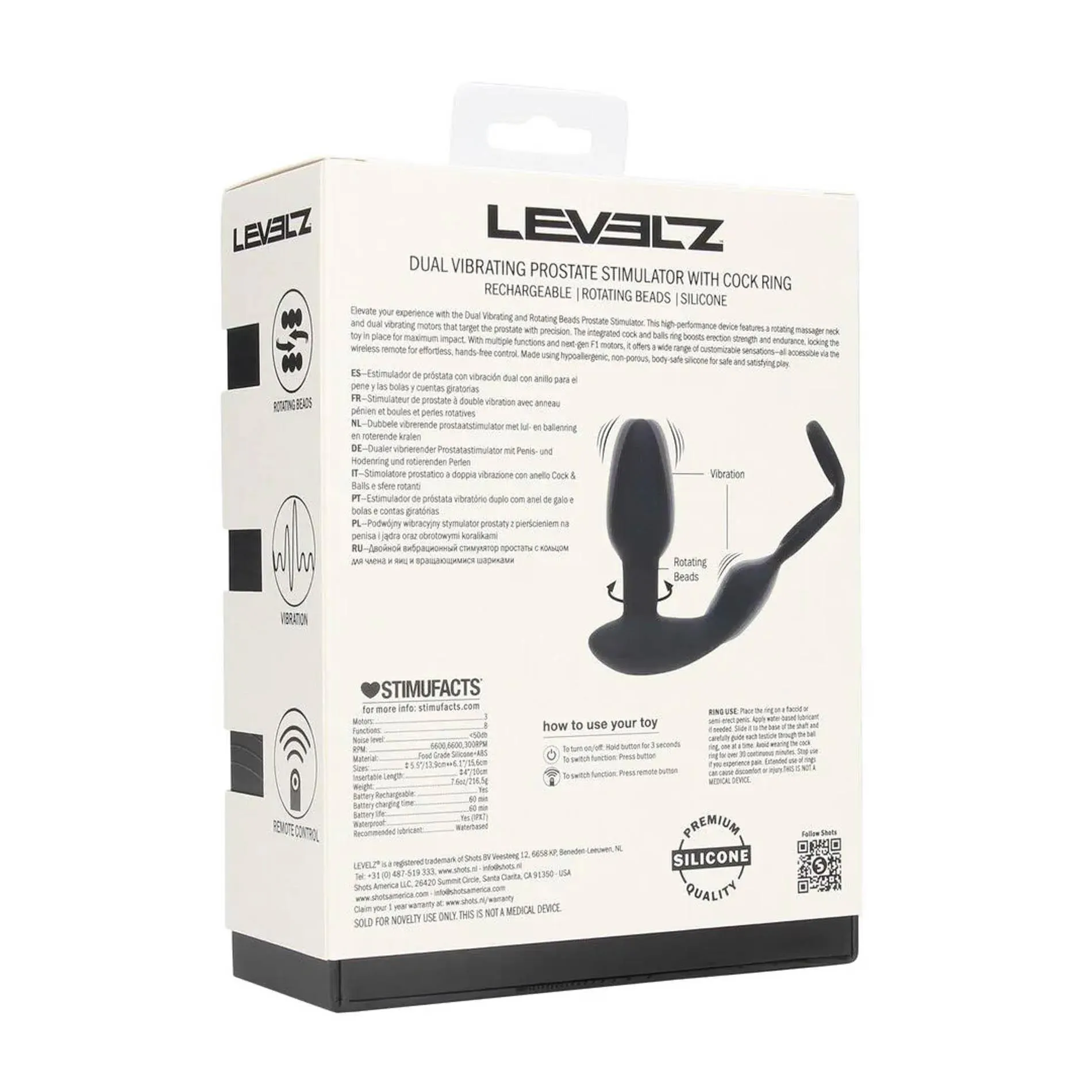 Levelz Dual Vibrating Remote Rotating Beads Silicone Prostate Stimulator with Cock and Ball Ring - Stymulator prostaty, Czarny, 17.3 cm