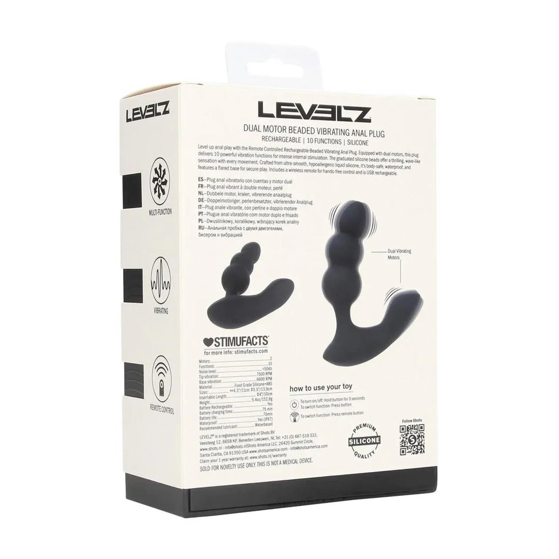 Levelz Dual Motor Remote Control Beaded Vibrating Liquid Silicone Prostate Stimulator - Wibrator analny, Czarny, 10 cm