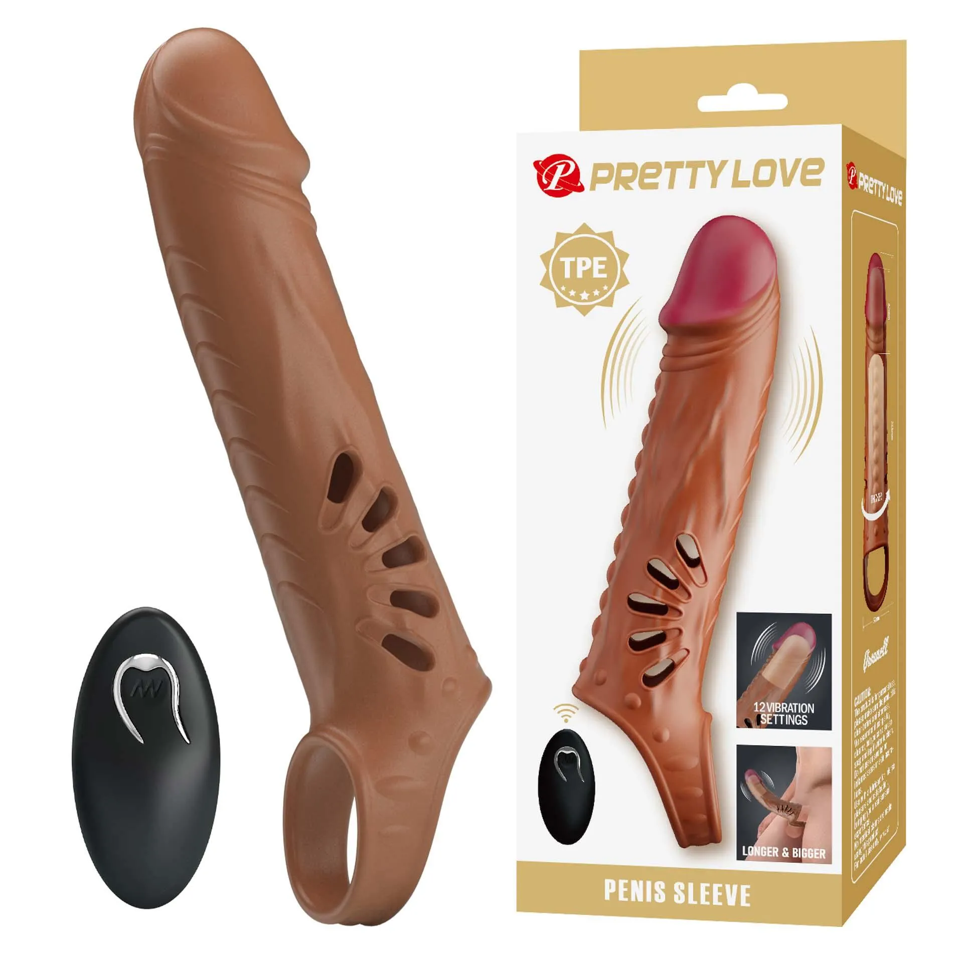 Pretty Love Penis Sleeve - Nakładka na penisa, Brązowy, 24.3 cm