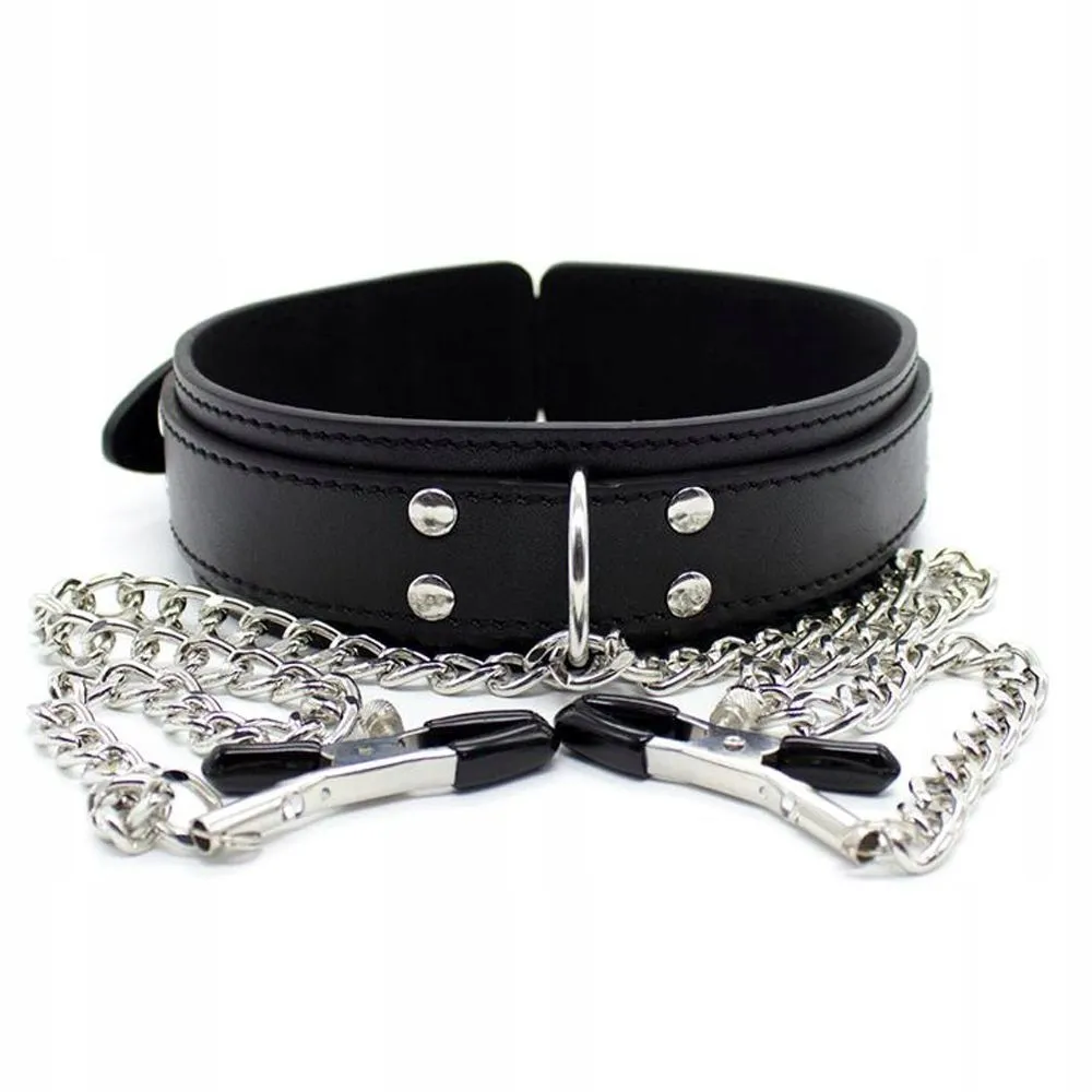 Ошейник с зажимами для сосков Fetish Addict Collar With Nipple Clamps, 51,5 см (черный)