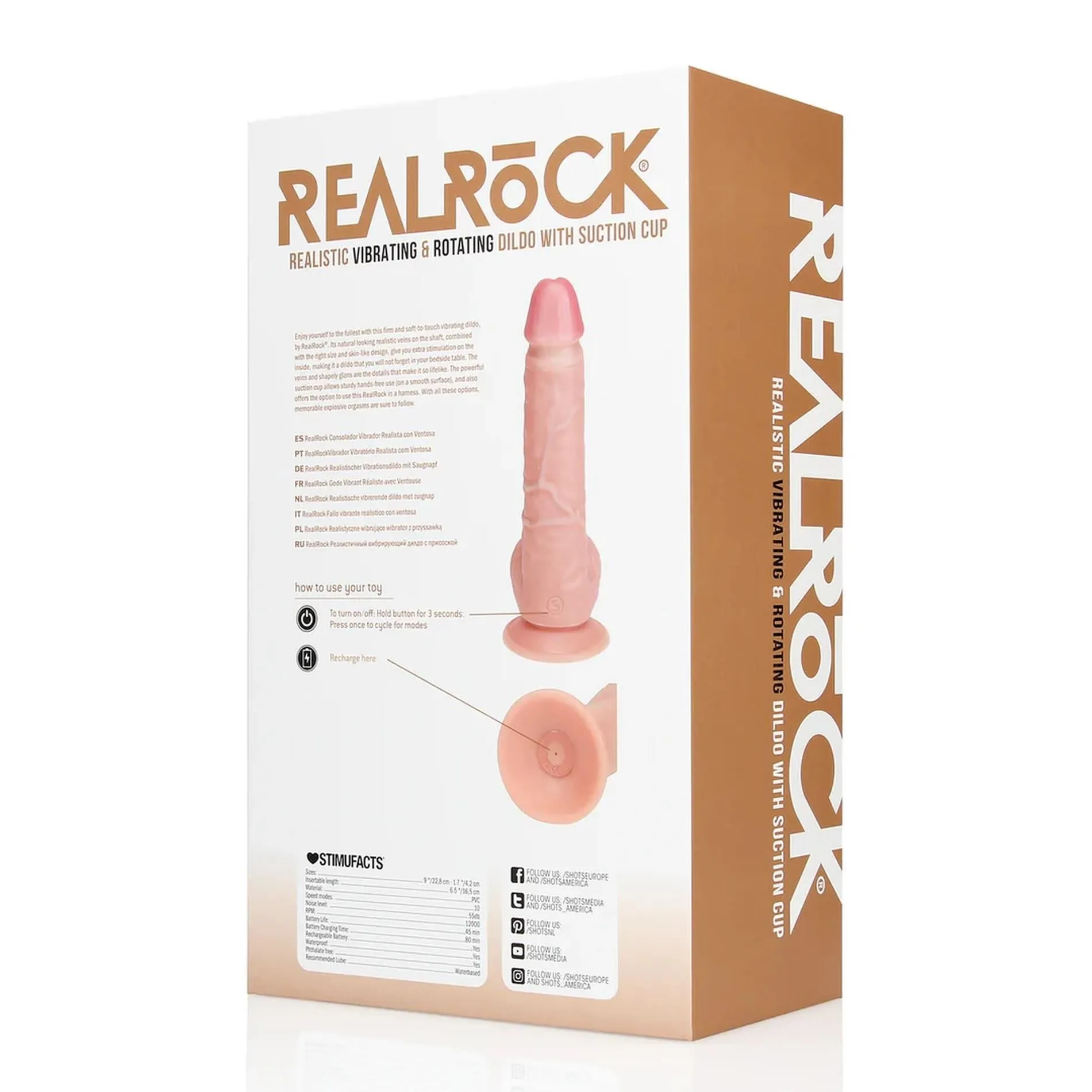 Вибратор RealRock Rotating Straight Cock with Balls 8", 20.5 см (телесный)
