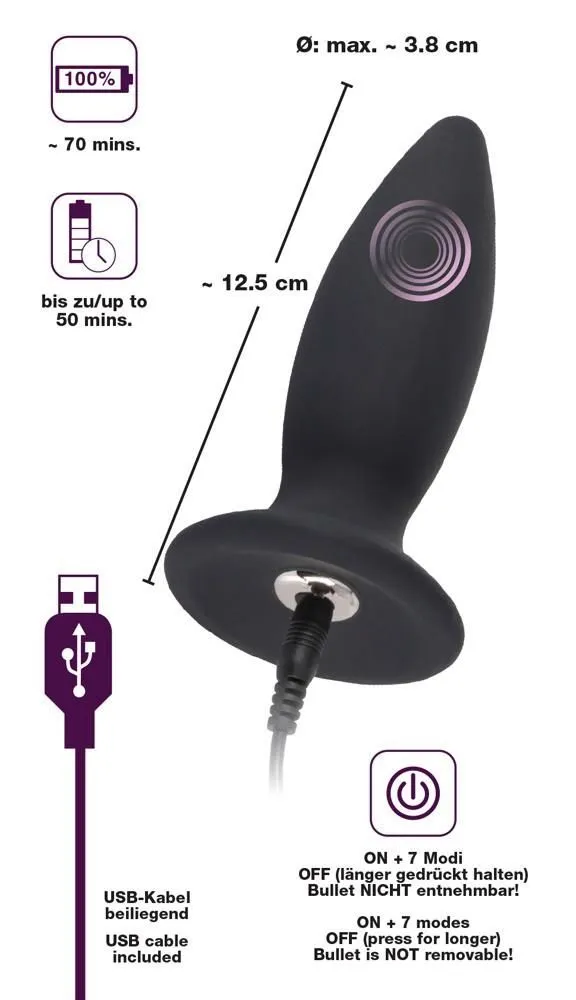 Анальна пробка Black Velvets Rechargeable Plug M, 12,5 см (чорний)
