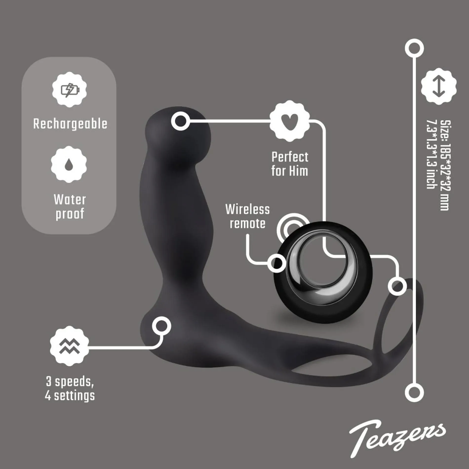 Стимулятор простаты Teazers Cock & Ball Ring, 7.5 см (черный)