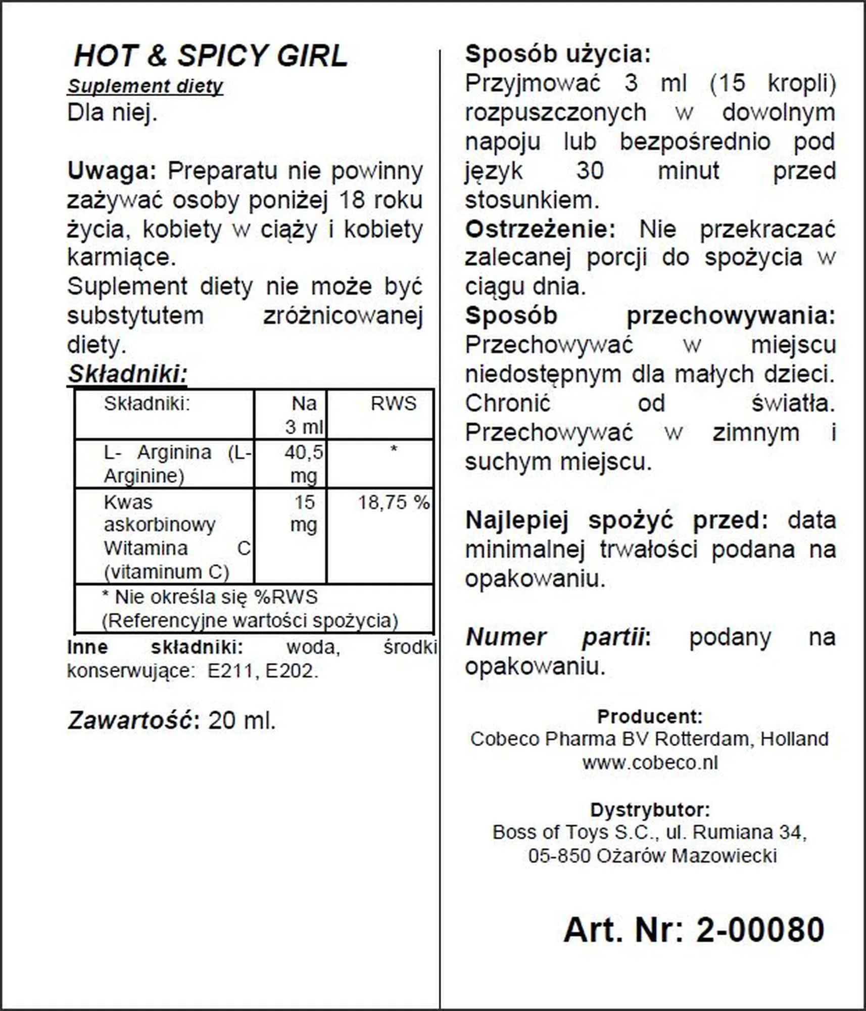 Cobeco Hot Spicy Girl - Krople, Przezroczysty, Bez smaku, 20 ml