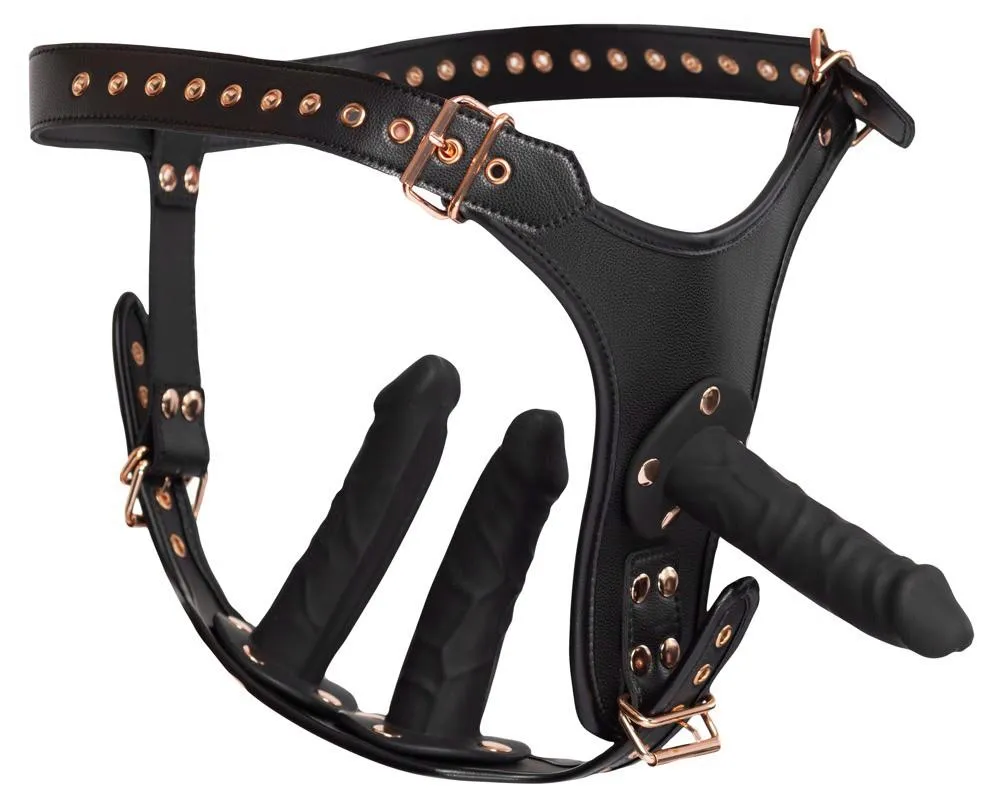 Страпон Bad Kitty Strap-On 3D з трьома дилдо, S/M (чорний)