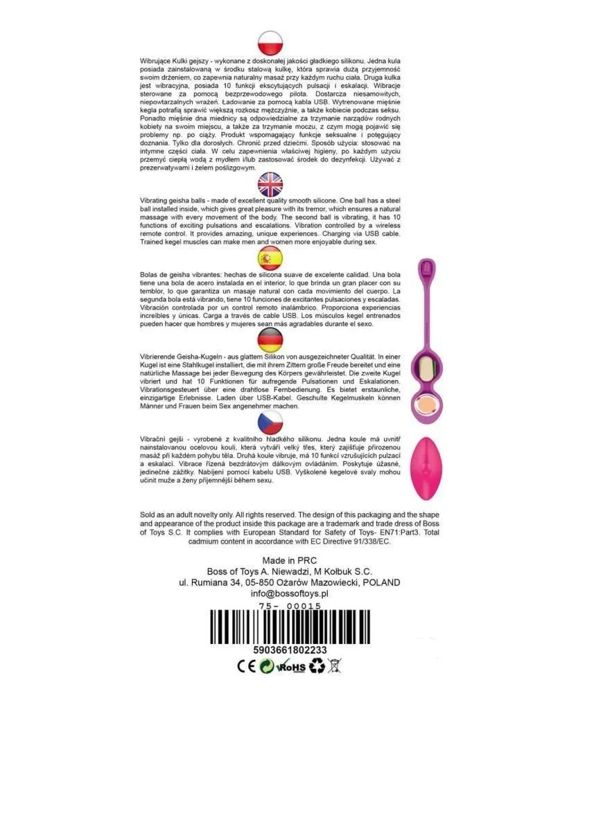 Вагинальные шарики Boss Series Vibrating Kegel Balls, 19 см (розовый)