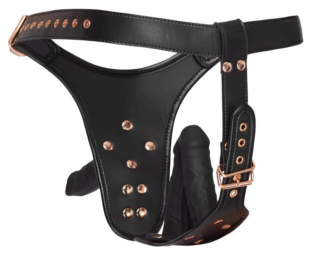 Страпон Bad Kitty Strap-On 3D з трьома дилдо, S/M (чорний)