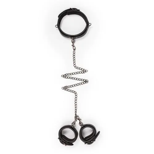 Easytoys Leather Collar With Handcuffs - Zestaw BDSM, Czarny, 40 cm