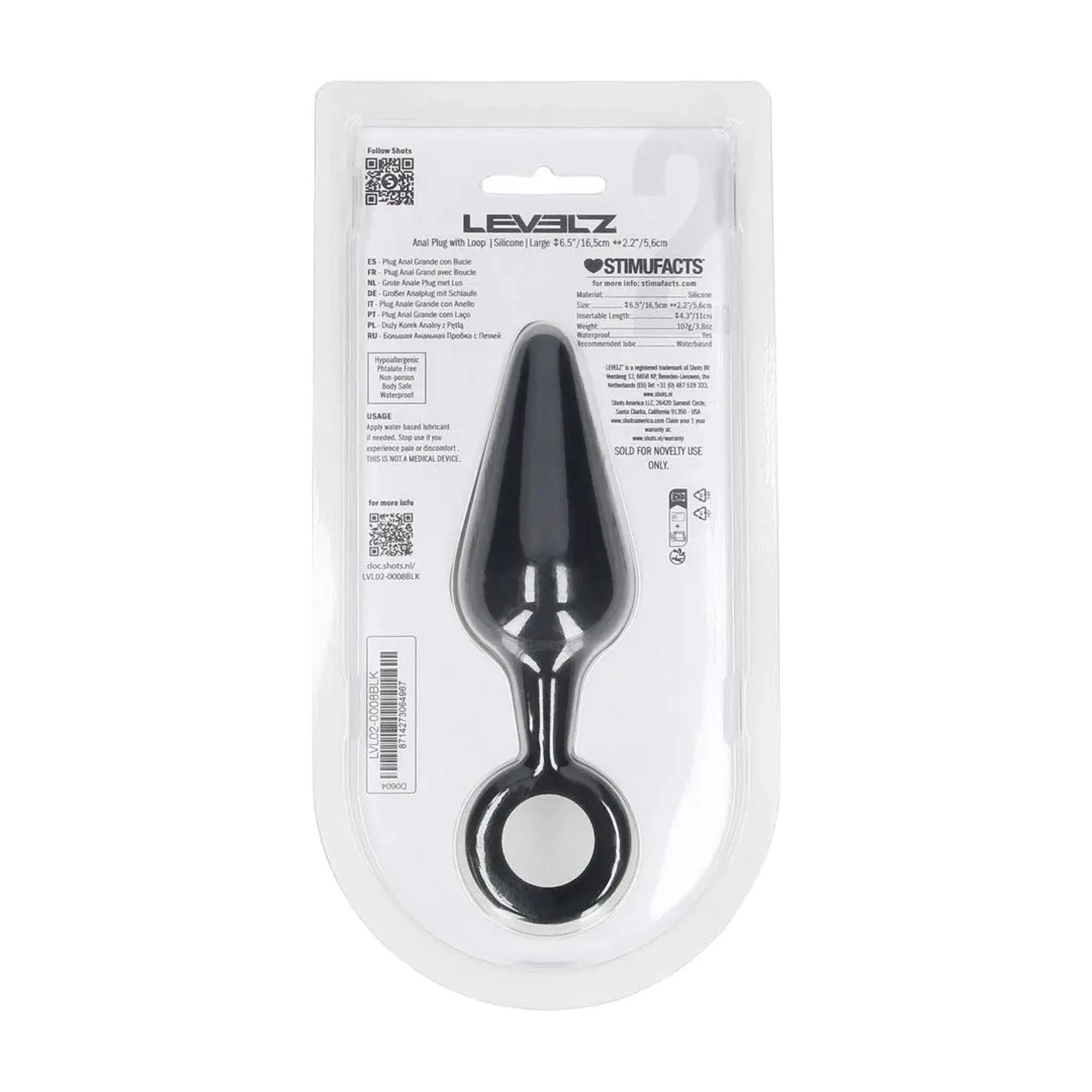 Анальна пробка Levelz Anal Plug with Loop L, 14.3 см (чорний)