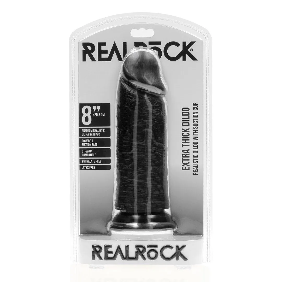 RealRock Extra Thick 8" - Dildo, Czarny, 20.3 cm