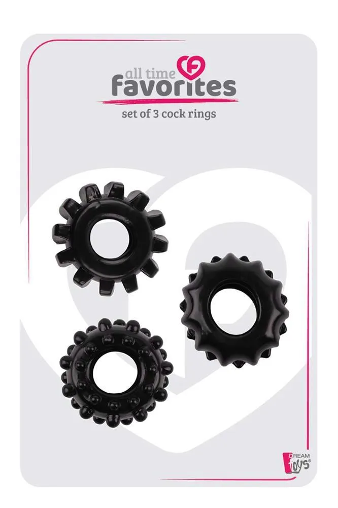 Dream Toys All Time Favorites Set OF 3 Cockrings Black - Zestaw pierścieni erekcyjnych, Czarny