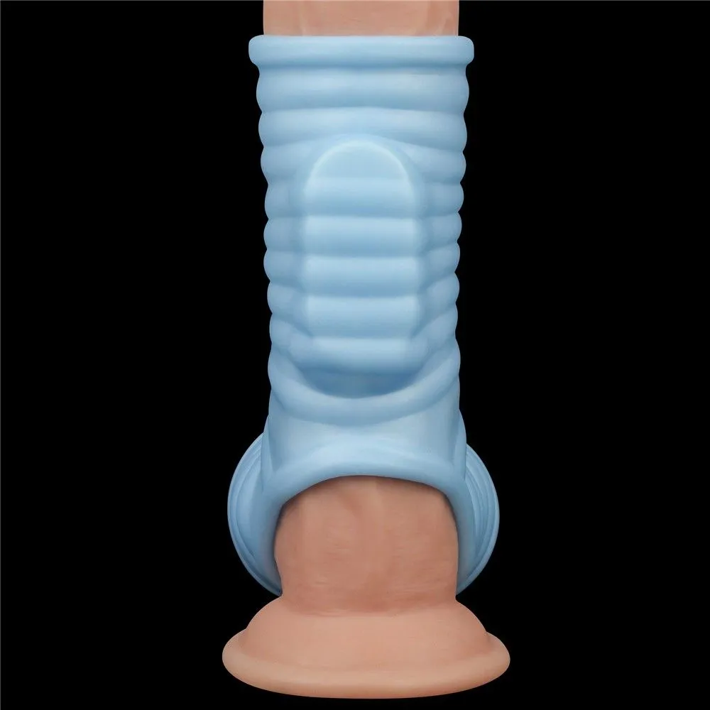Насадка на пеніс з вібрацією LoveToy Knights Ring Vibrating Wave With Scrotum Sleeve, 14,4 см (блакитний)