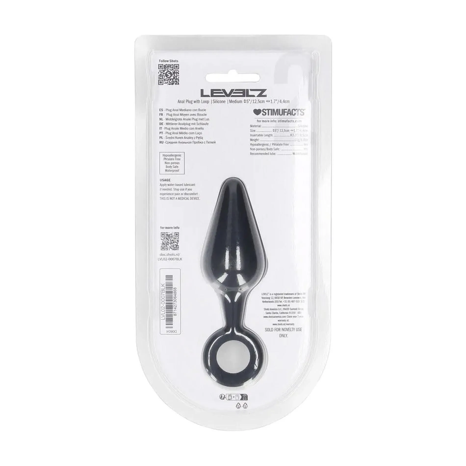 Shots Levelz Anal Plug with Loop - Korek analny, Czarny, 11.7 cm, M